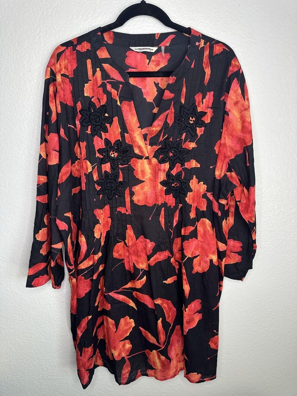 Soft Surroundings Tunic Top Womens 2XL Black Red Floral Embroidered Boho Blouse